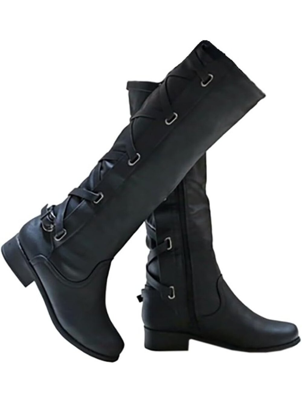 Women's Black Faux Leather Strappy Motorcycle Lace Up Low Heel Knee High Boots